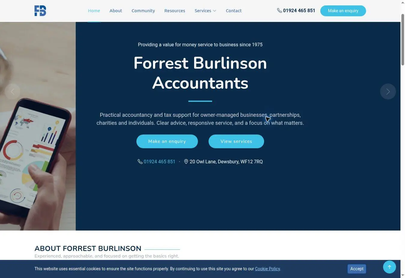 Screenshot of the Forrest Burlinson homepage showing its accountancy offer and Make an enquiry and View services links