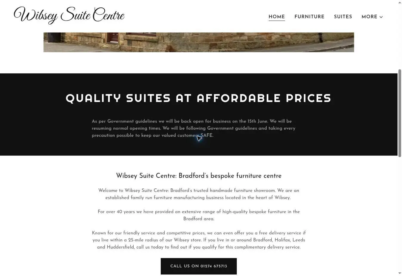 Screenshot of Wibsey Suite Centre homepage with an older reopening announcement beneath the main heading